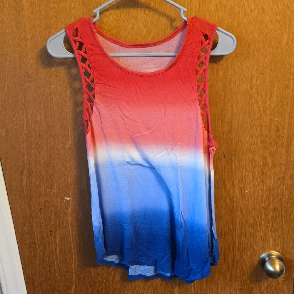 SO Red to Blue Ombre Tank Top with Lattice Shoulders